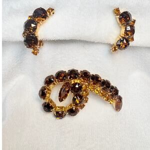 Vintage Amber & Topaz Rhinestone Brooch and Earring Set – Mid-Century Glamour